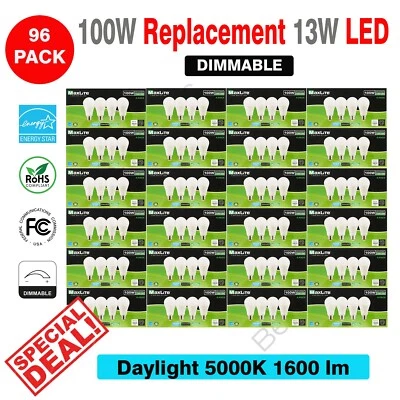 96 PACK Maxlite Dimmable LED 13W Daylight Light Bulb A19 100W replacement 5000K