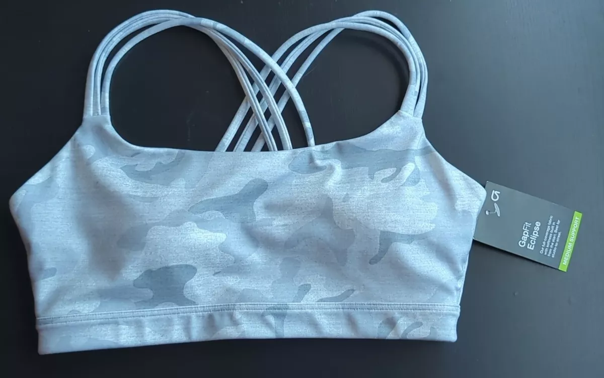 Gap GapFit Eclipse Medium Support Strappy Sports Bra - Grey Camo - Size XS  - NEW