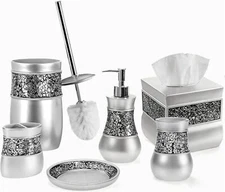 Creative Scents Silver Bathroom Accessories Set - Mosaic Glass 6 Piece 