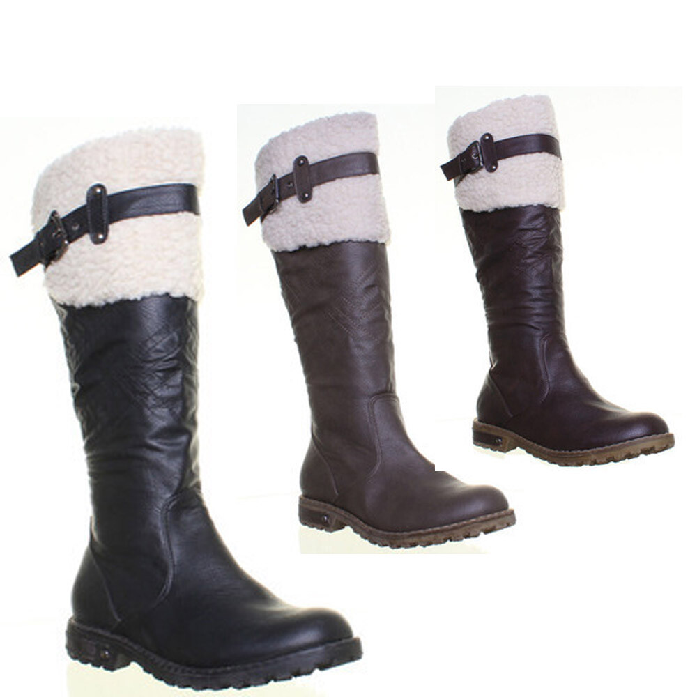 Mujer Suela Plana Lado Hebilla Piel Cuello Rodilla Botas Altas en Marrón Talla 3