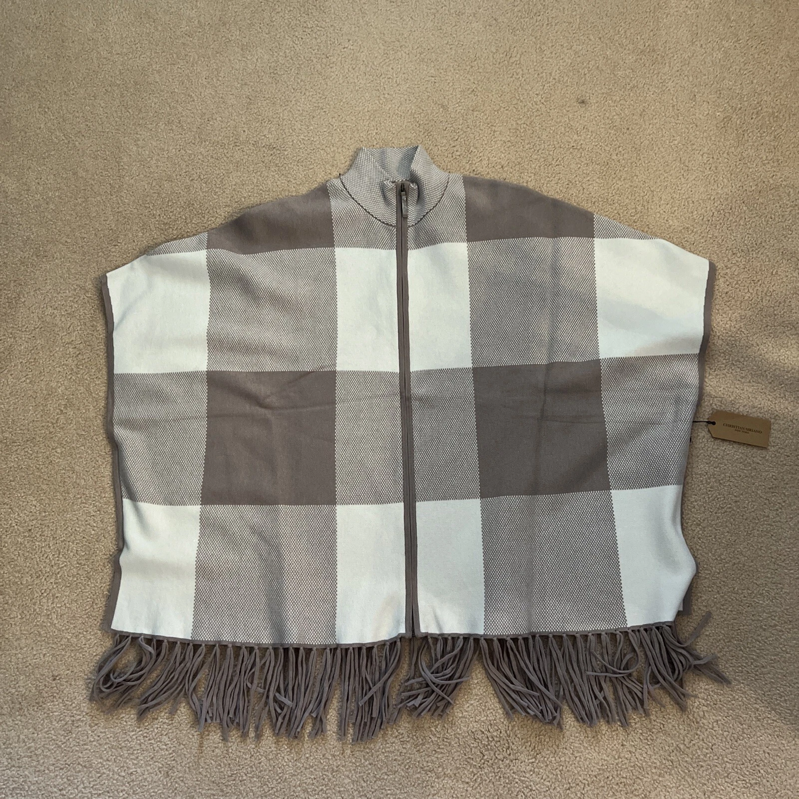 Women's Zip Up Fashion Poncho Beige/White Fringe New W/Tags L/XL