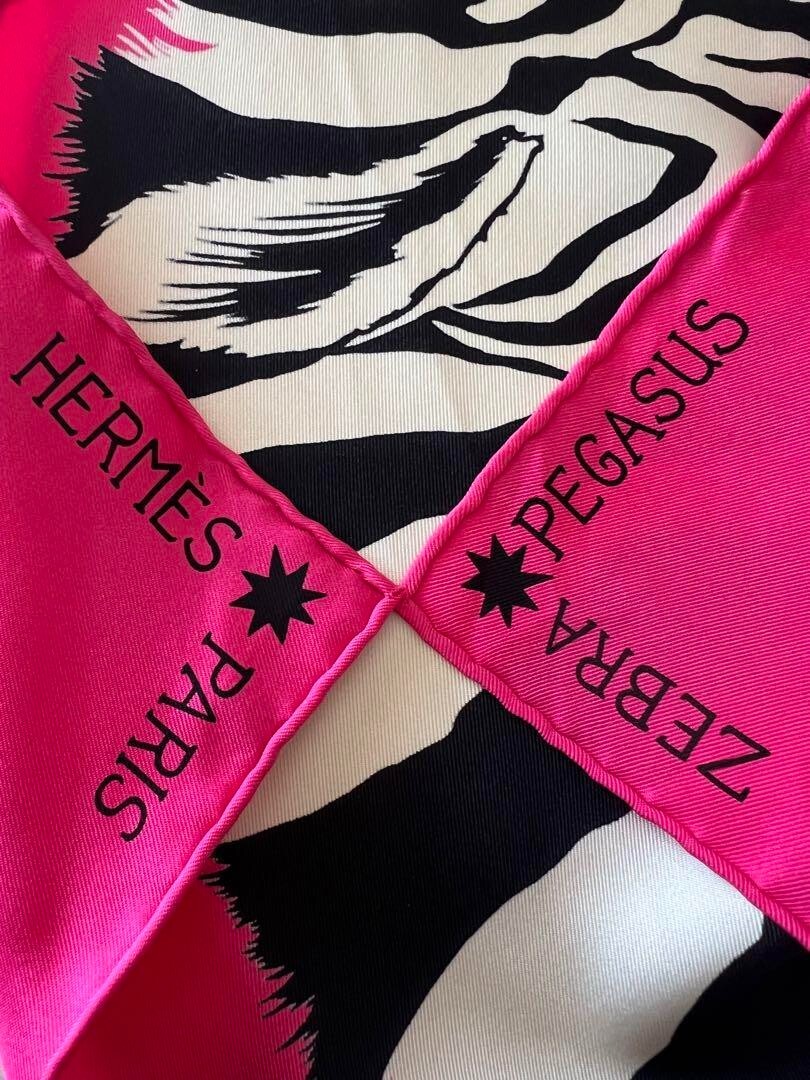 HERMES Carre 90 Silk Scarf ZEBRA PEGASUS Pink/Black Rare