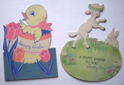 Chick hatching egg Lamb leaping rabbit watches vintage Easter greeting card *TT4
