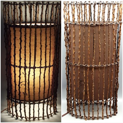 Single Oval Table Lamp with Textured Branch Accents & Brown Shade 20'' Tall VTG