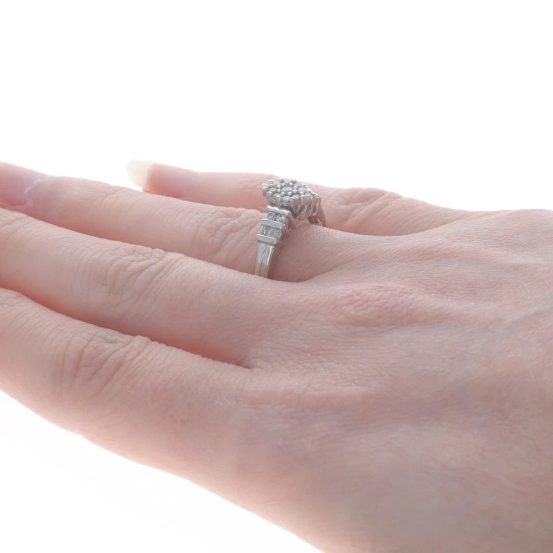 White Gold Diamond Cluster Engagement Ring - 10k Round & Baguette .50ctw - Image 4 of 4