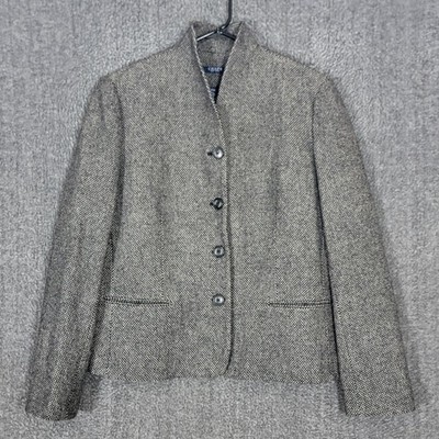 Chaps Ralph Lauren Blazer Womens 14 Black White Wool Blend Herringbone Tweed
