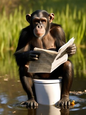Humorvolle Schimpanse Toilettenszene - Komischer Affe liest Zeitung Wandposter
