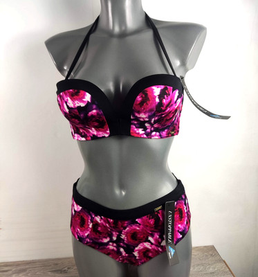Gossard Bikini Set Blumen Rosa Schwarz Bandeau Oberteil UK 32C Unterteil XS Neu