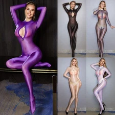 Women's Sheer Silky Shiny Bodystocking Jumpsuit Zipper Bodysuit Lingerie Catsuit