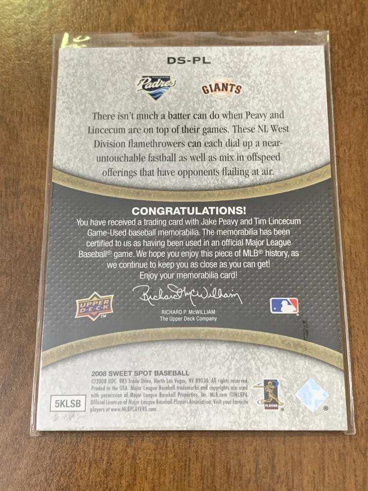 2008 Upper Deck Sweet Spot #DS-PL Jake Peavy / Tim Lincecum Swatches Dual MEM - Image 2 of 2