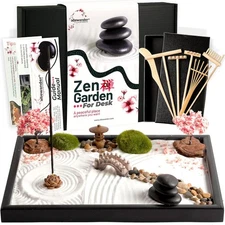 Zen Garden Kit for Desk 12x8in Sand Tray, Japanese Gift Set 14 Accessories and 6