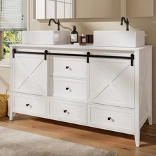 60" Bathroom Vanity Double Sink Ceramic Freestanding Cabinet White Wood Grain