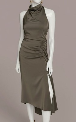 Donna Karan New York Women's Gray Mock Neck Shirred MIDI Dress Petite Size 2P