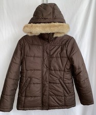 TOMMY HILFIGER Brown hooded Puffer Jacket Faux fur trim Size L 12-14