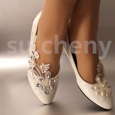 su.cheny White ivory lace Narcissus pearls flat Wedding shoesBridal size 5-13
