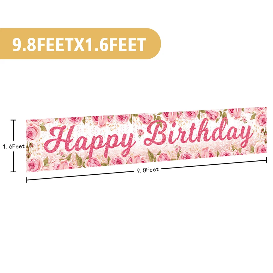 Hoja Verde Rosa Rosa Flor Feliz Cumpleaños Decoraciones Fiesta Garaje Decoración Banner Foto 4 de 4
