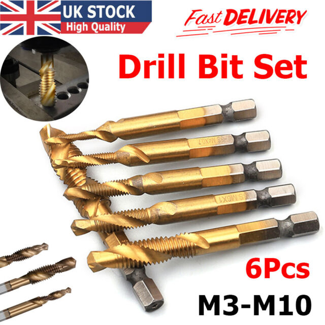 6PCS M3-M10 Drill Spiral Tap Bits HSS 1/4'' Hex Shank Metric Thread Cutter Set