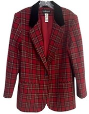 Sag Harbor Women's Wool Blazer Red Black Plaid Fully Lined Size 14 Style F03140