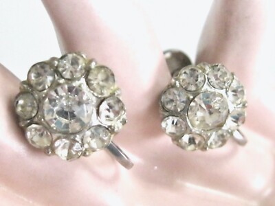 VINTAGE ART DECO 1920'S 1930'S NEMO / BRIER CLEAR RHINESTONE SCREW BACK EARRINGS