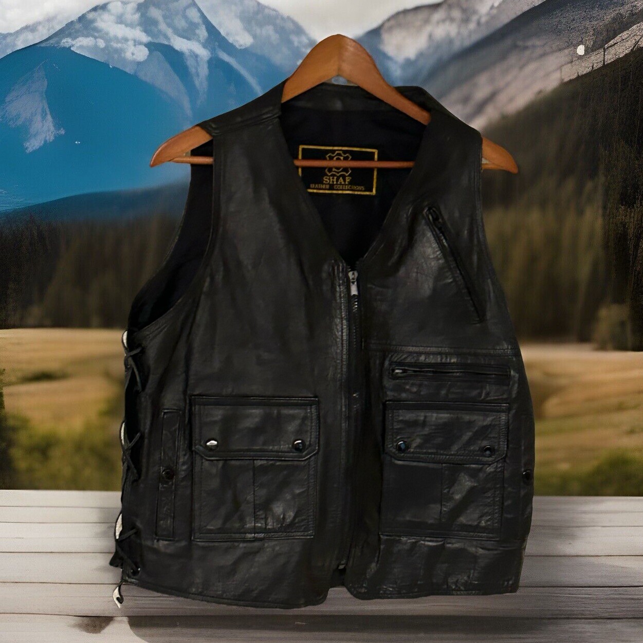 Great Vintage Shaf Leather Vest Motorcycle Cut Mens 44 Black Zip Closure