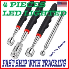 4 Magnetic Telescoping Pickup Rod Tool LED Light Grabber Stick Inspection Mirror