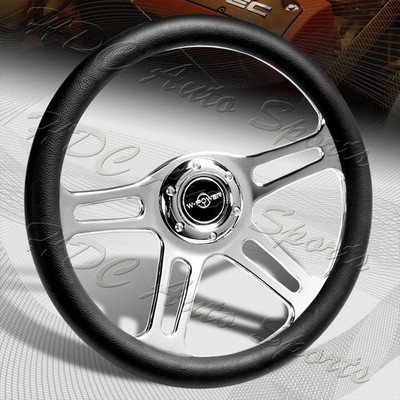 W-Power 350MM 14'' BLK Leather Grip 6-Hole Chrome 4-Spoke Vintage Steering Wheel