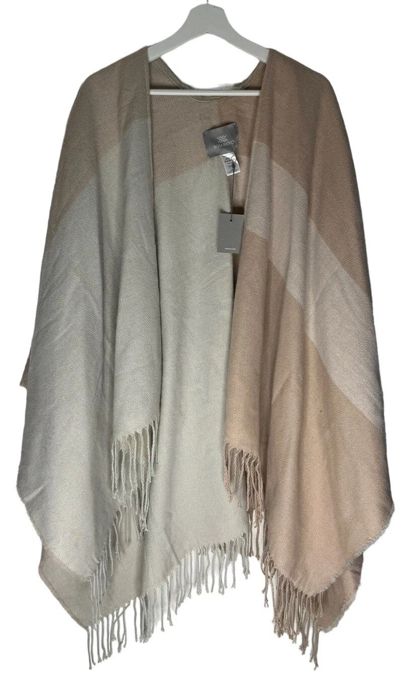 Soia & Kyo Poncho Pink Gray Fringe Knit Sweater Cardigan Cape NWT