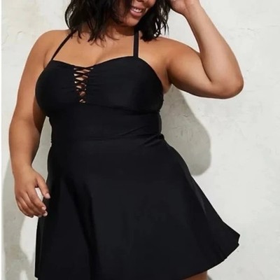 Torrid Wireless Long Lattice Front Swim Dress With Built In Bottoms Black size 2