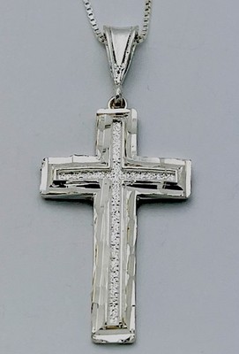 925 Sterling Silver 8 Gram  D/Cut Textured Cross Necklace 24 