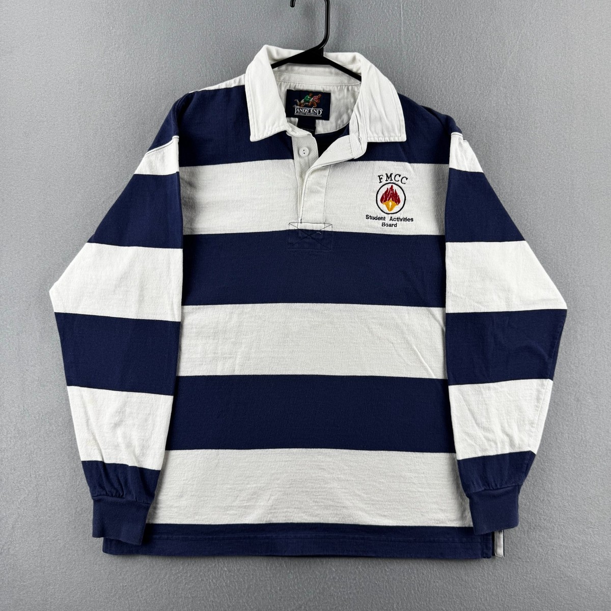 Lands' End ラガーシャツ Vintage Lands End Rugby Shirt Mens Medium Blue Striped Cotton Long