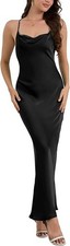 Silky Slip Dress Cowl Neck Satin Georgette Gown Cross Tie Long Maxi Dress-M