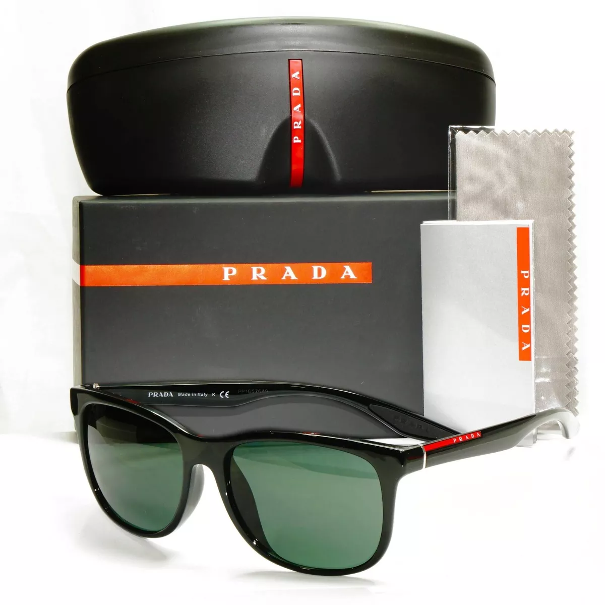 Authentic Prada Mens Glossy Black Green Square Sunglasses SPS 03O F 1AB 3O1