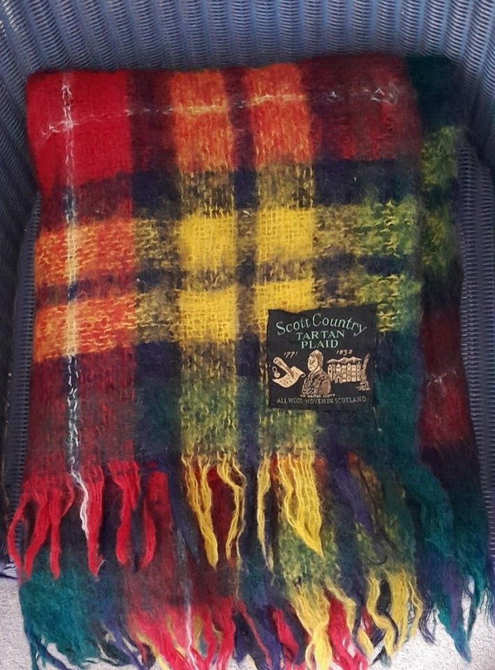 Vintage Scottish Tartan Plaid Mohair 100 Wool Blanket Throw Scotland