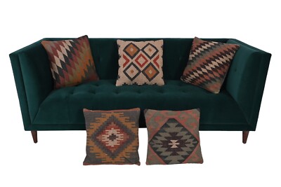Set of 5 cotton cushion covers with handwoven killim featuring geometric pattern