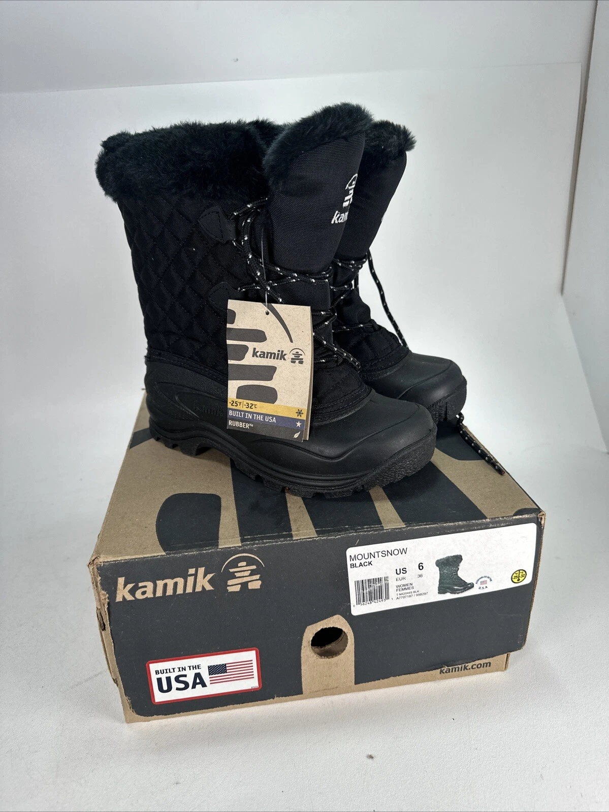 Kamik Mountsnow Snow Boots, Women's Size 6 NEW In Box Black Faux Fur USA