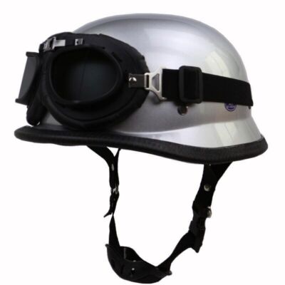 DOT German Motorcycle Half Helmet w/Goggles Chopper Scooter Baseball Cap Silver
