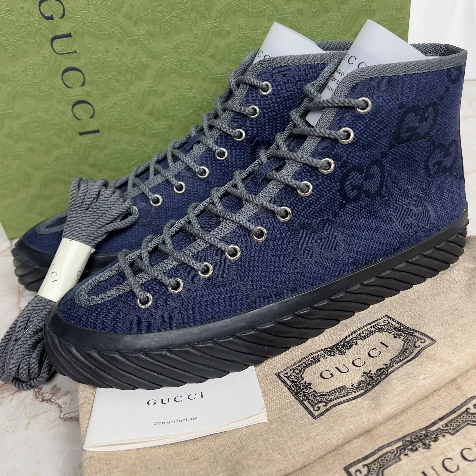 Baskets montantes Gucci Tortuga Maxi GG formateur tissu bleu 9,5 G 10 US 43,