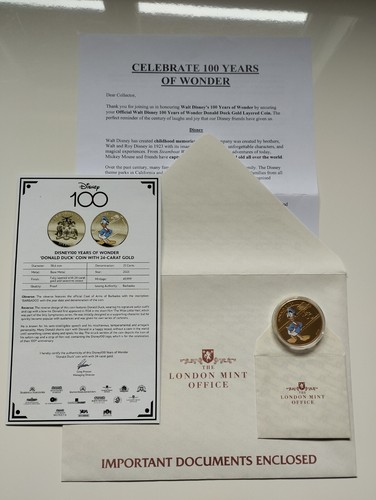 DISNEY100 YEARS OF WONDER DONALD DUCK COIN 24-CARAT GOLD LAYERED LIMITED EDITION - Picture 7 of 7
