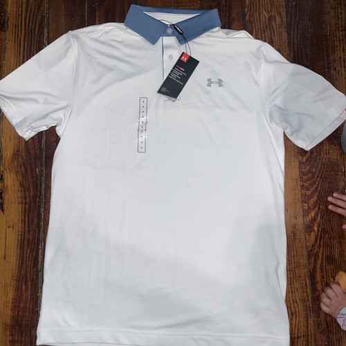 Under Armour Men’s Golf Polo, Small, NWT, White, Blue, Pink Accent on Sleeve