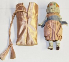 Vintage Porcelain Ceramic Jointed Girl Doll w/ Blanket Pouch - Flower Headband