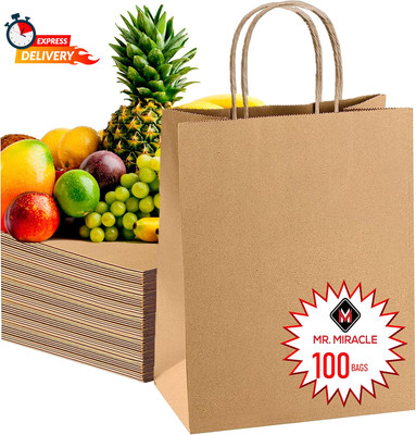 100 kraft paper grocery bags with handles   reusable shopping sacks 12x17x7 inch