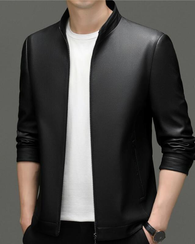 Stylish Men's Stand Collar Faux Leather Zip Jacket Motorcycle Casual Coat