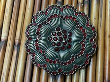 VINTAGE bold red rhinestone encrusted dark silver 3" BIG FLOWER BELT BUCKLE