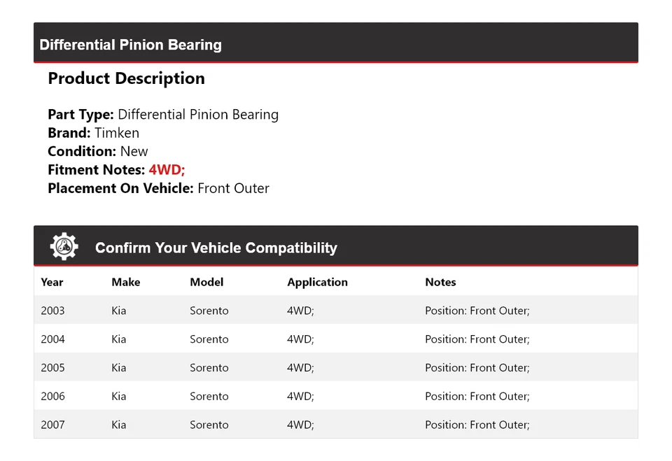 Cojinete de piñón diferencial delantero exterior Timken para Kia Sorento 2003-2007 4x4 Foto 2 de 3