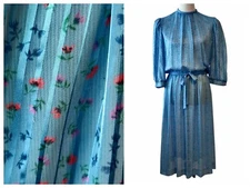 Vintage The Kollection LTD Womens Blue Floral Puff Shoulder Cottagecore Dress M?