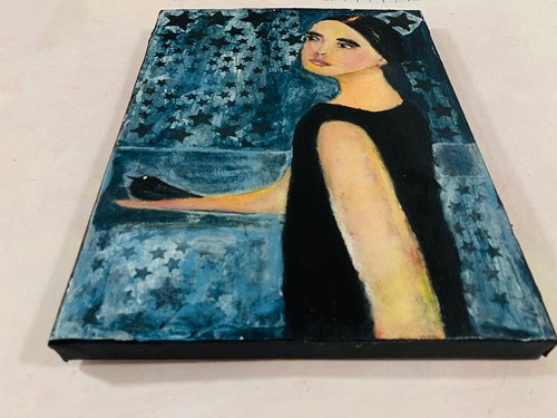 Original Acrylic Collage Blue Figure Painting Woman Gift Bird Stars Canvas Art - Picture 4 of 14