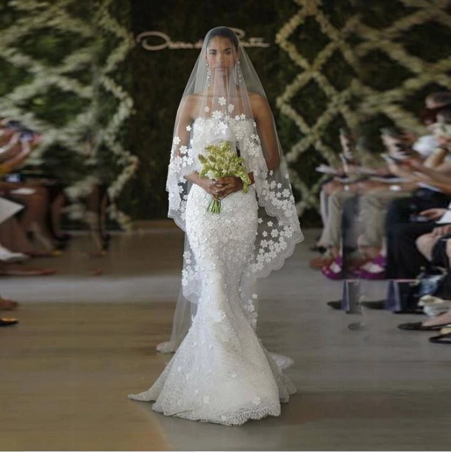 Floral Lace Applique Embroidered Flowers Wedding Long Train Tulle Bridal  Veil