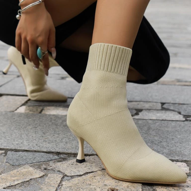 Women Short Booties Ladies Stiletto Heel Pointy Toe Knit Stretch