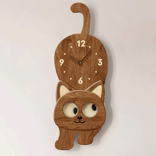 10 Inches Cute Cat Wall Clock Moving Eyes Analog Wooden Clock for Room Decor - Picture 2 of 9