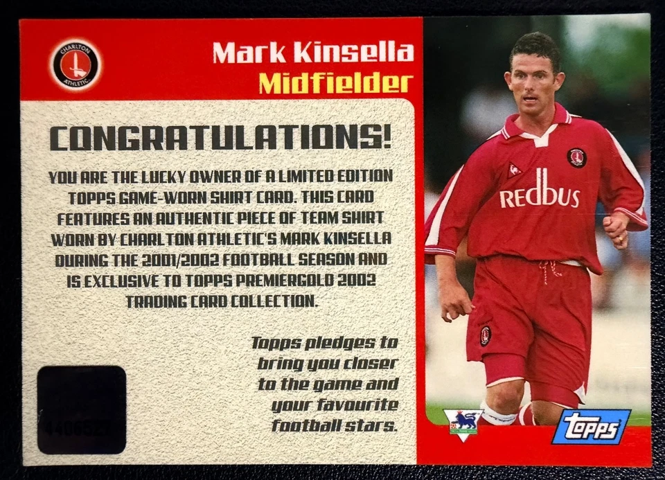 Parche Camisa Mark Kinsella 2001-02 Topps Premier Oro Fútbol Juego Usado/Usado Foto 2 de 2
